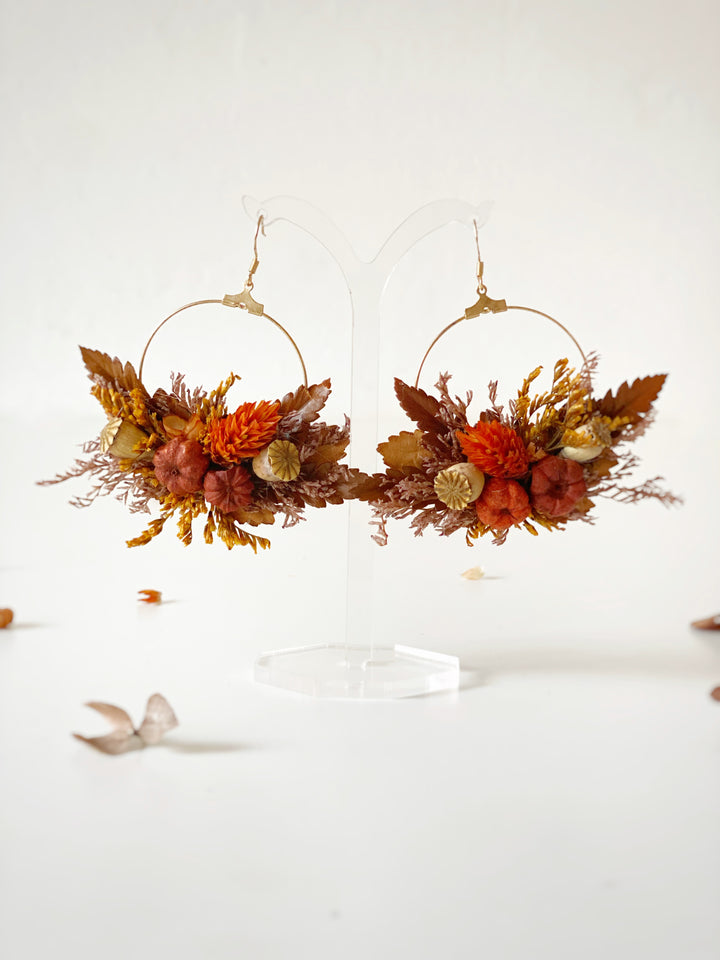 Fall Wedding Dried Flower Hoop Earrings - Terracotta Pumpkin Autumn Bridal Jewelry