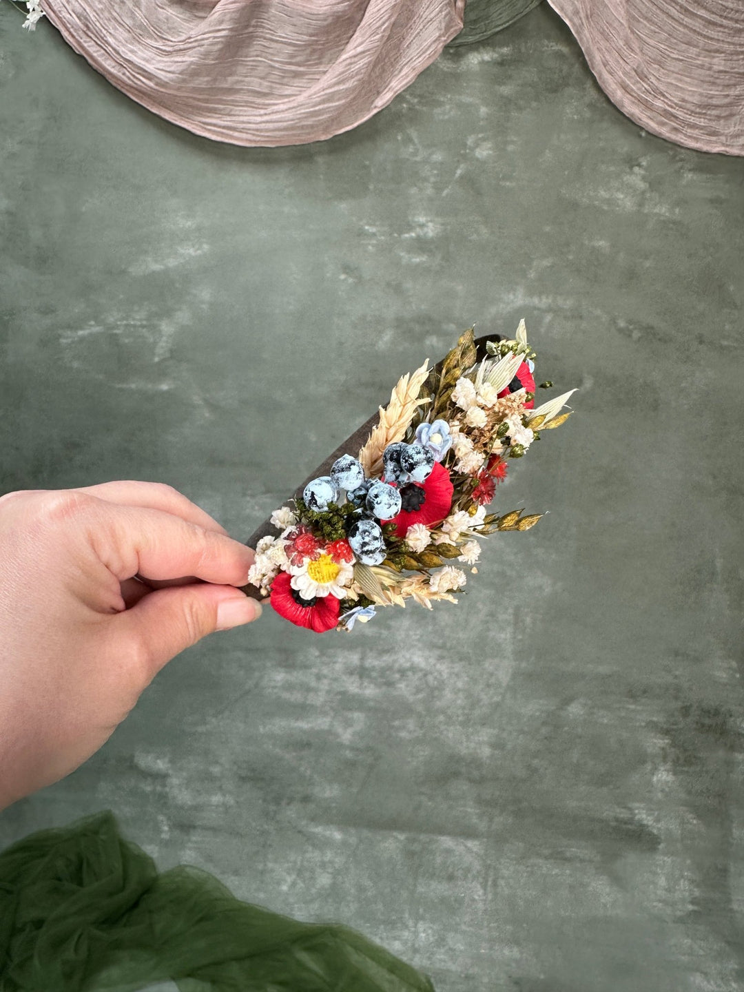Poppy Meadow Headband with Daisies and Blueberries – handmade floral hair accessory by magaela