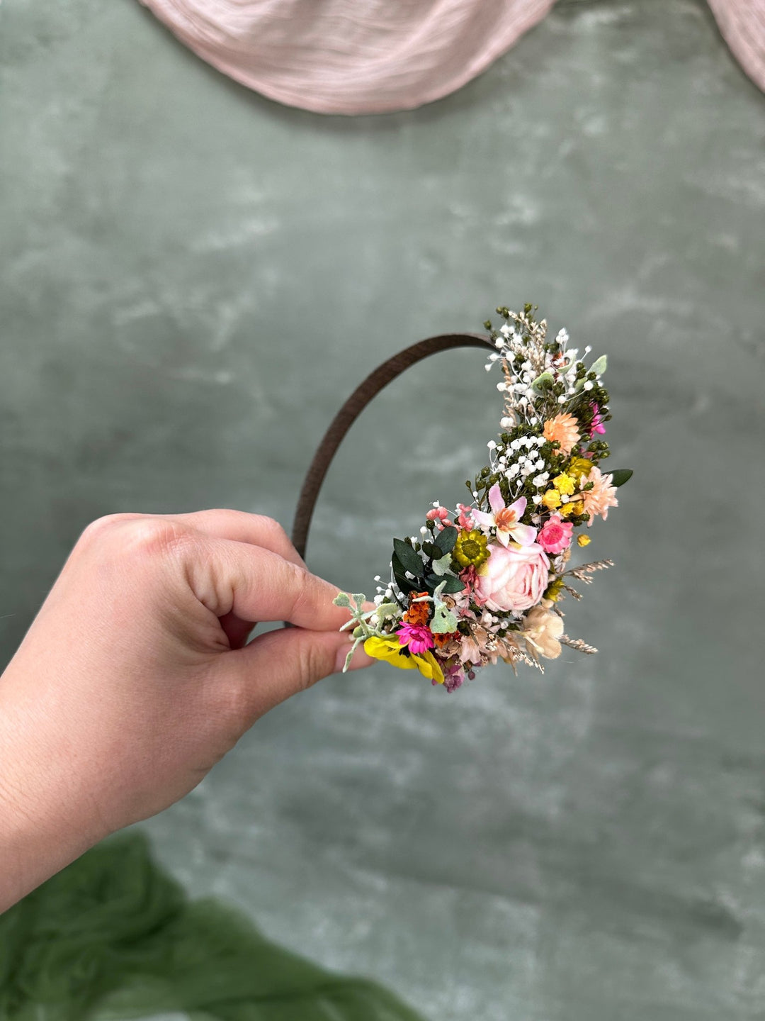 Romantic Side Hair Headband with Peony, Ixodia and Gypsophila – handmade floral hair accessory by magaela