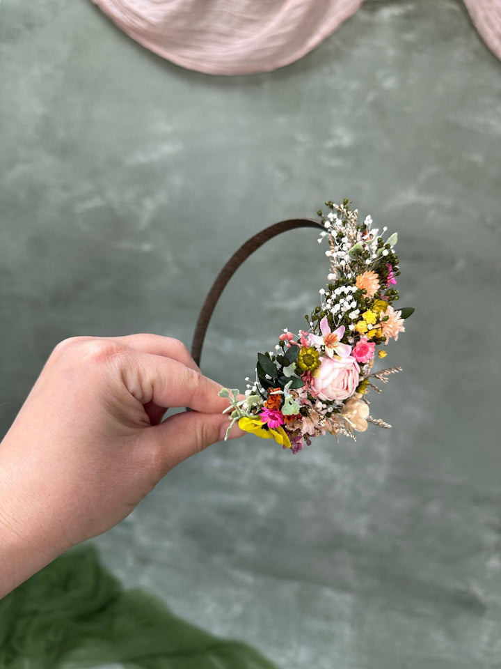 Romantic Side Hair Headband with Peony, Ixodia and Gypsophila – handmade floral hair accessory by magaela
