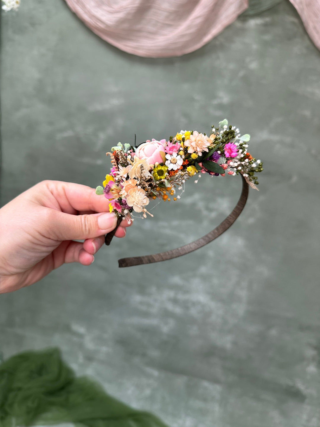 Romantic Side Hair Headband with Peony, Ixodia and Gypsophila – handmade floral hair accessory by magaela