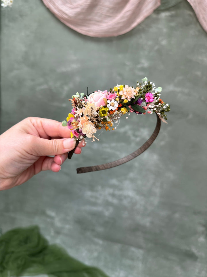 Romantic Side Hair Headband with Peony, Ixodia and Gypsophila – handmade floral hair accessory by magaela