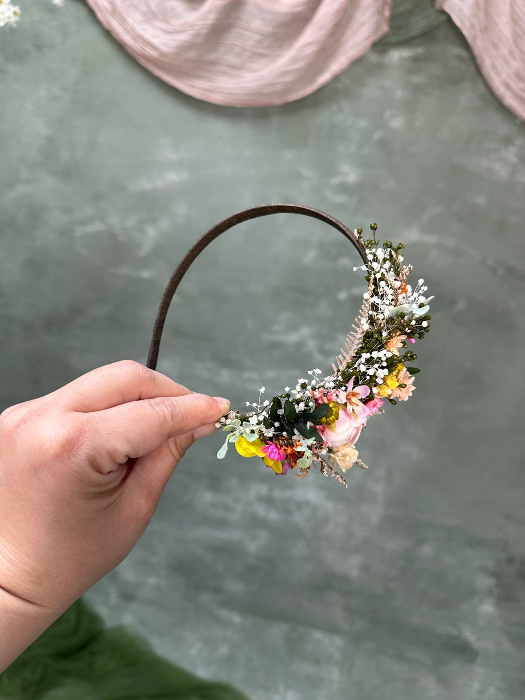 Romantic Side Hair Headband with Peony, Ixodia and Gypsophila – handmade floral hair accessory by magaela
