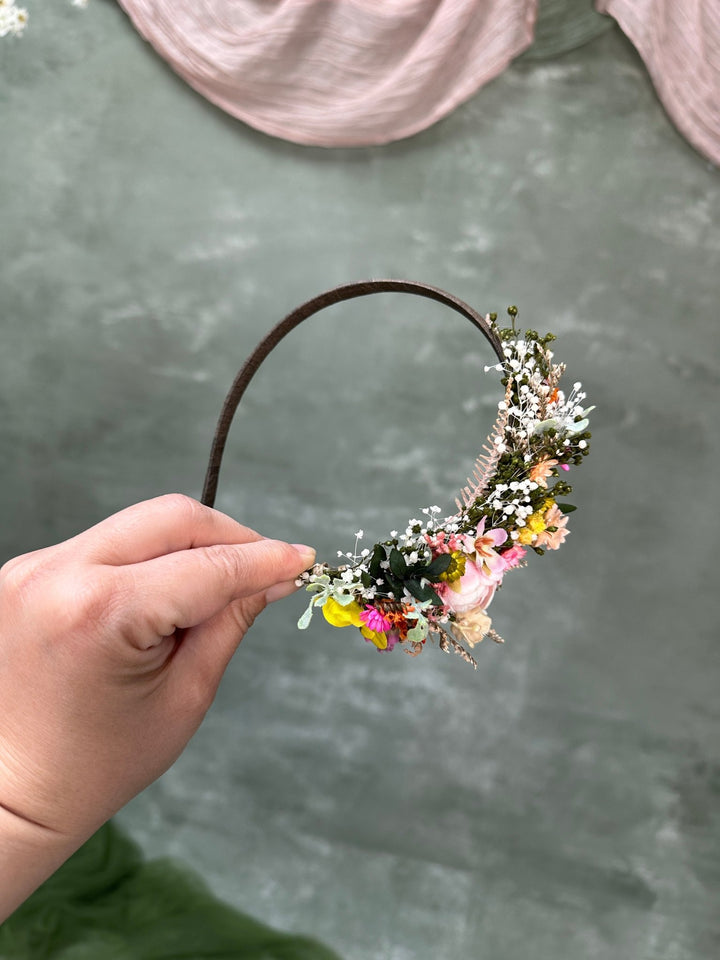 Romantic Side Hair Headband with Peony, Ixodia and Gypsophila – handmade floral hair accessory by magaela