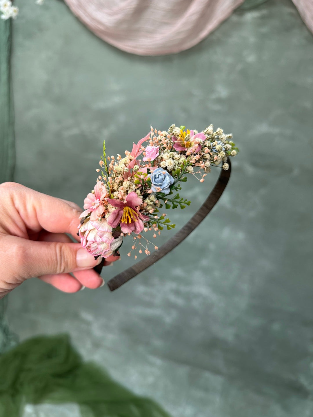 Blush Blue Wildflower Side Hair Headband with Peony, Blue Roses and Gypsophila – handmade floral hair accessory by magaela