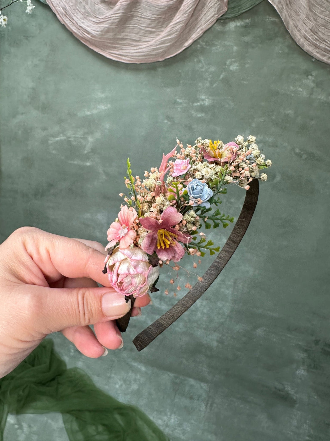 Blush Blue Wildflower Side Hair Headband with Peony, Blue Roses and Gypsophila – handmade floral hair accessory by magaela