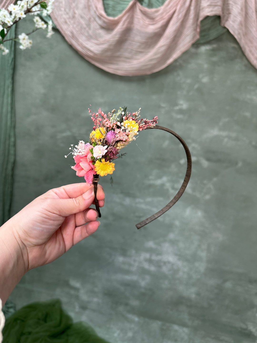 Pink and Yellow Meadow Floral Hair Headband – handmade floral hair accessory by magaela