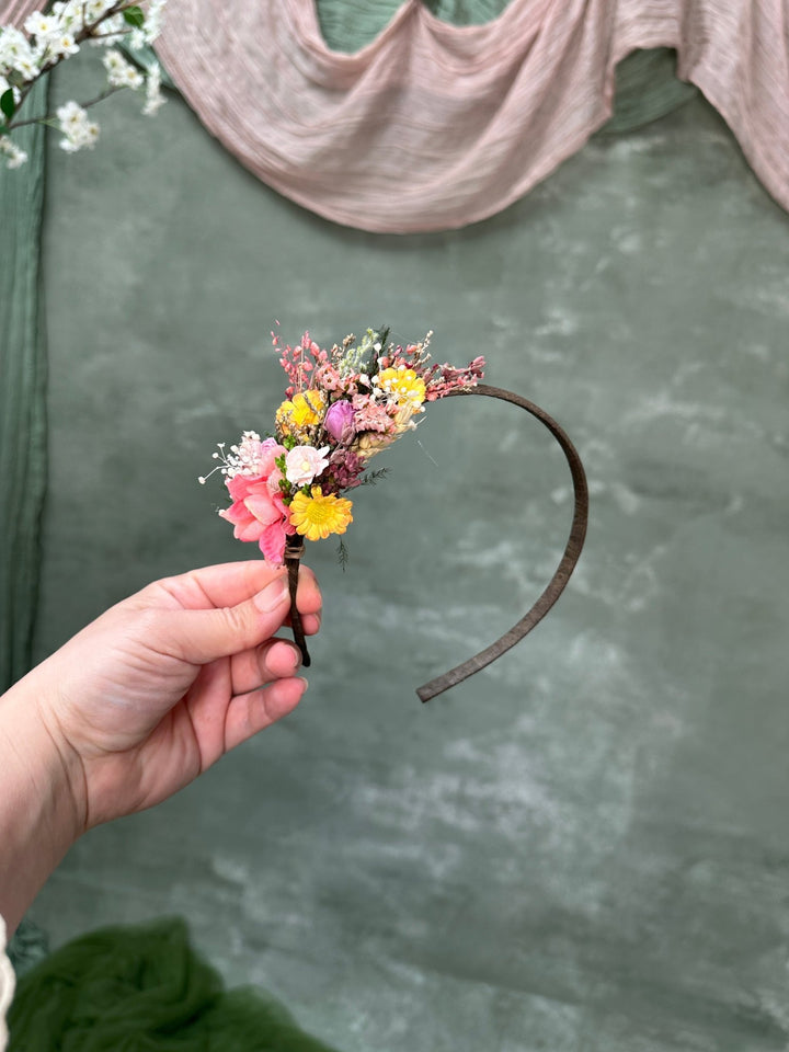 Pink and Yellow Meadow Floral Hair Headband – handmade floral hair accessory by magaela