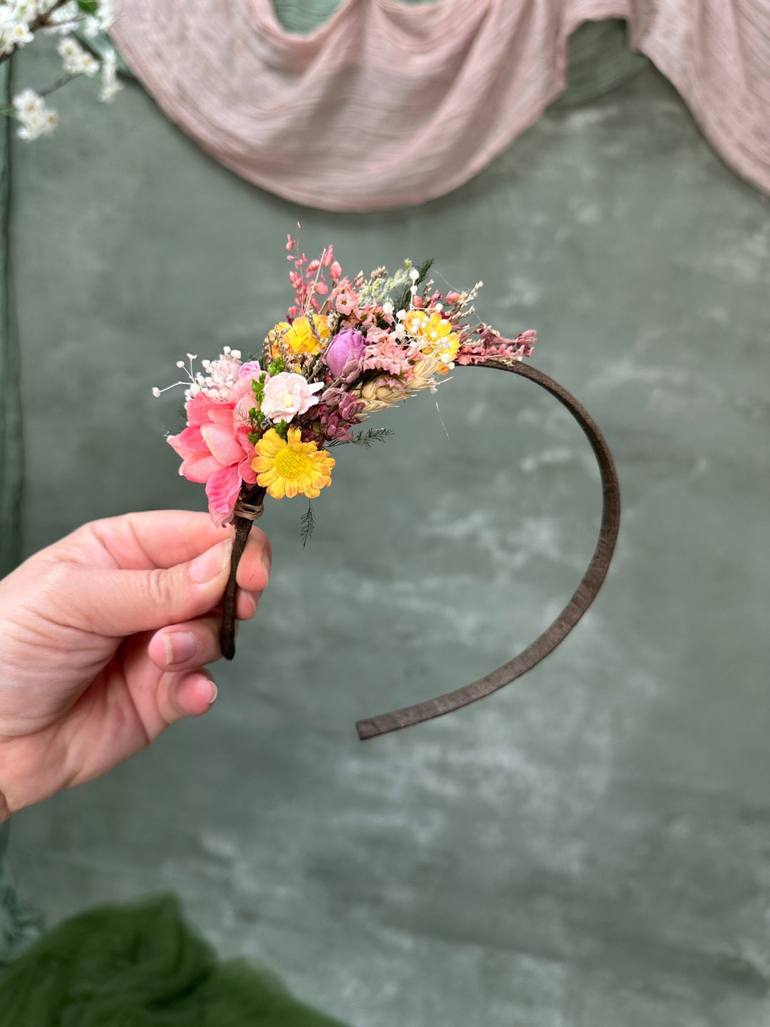 Pink and Yellow Meadow Floral Hair Headband – handmade floral hair accessory by magaela