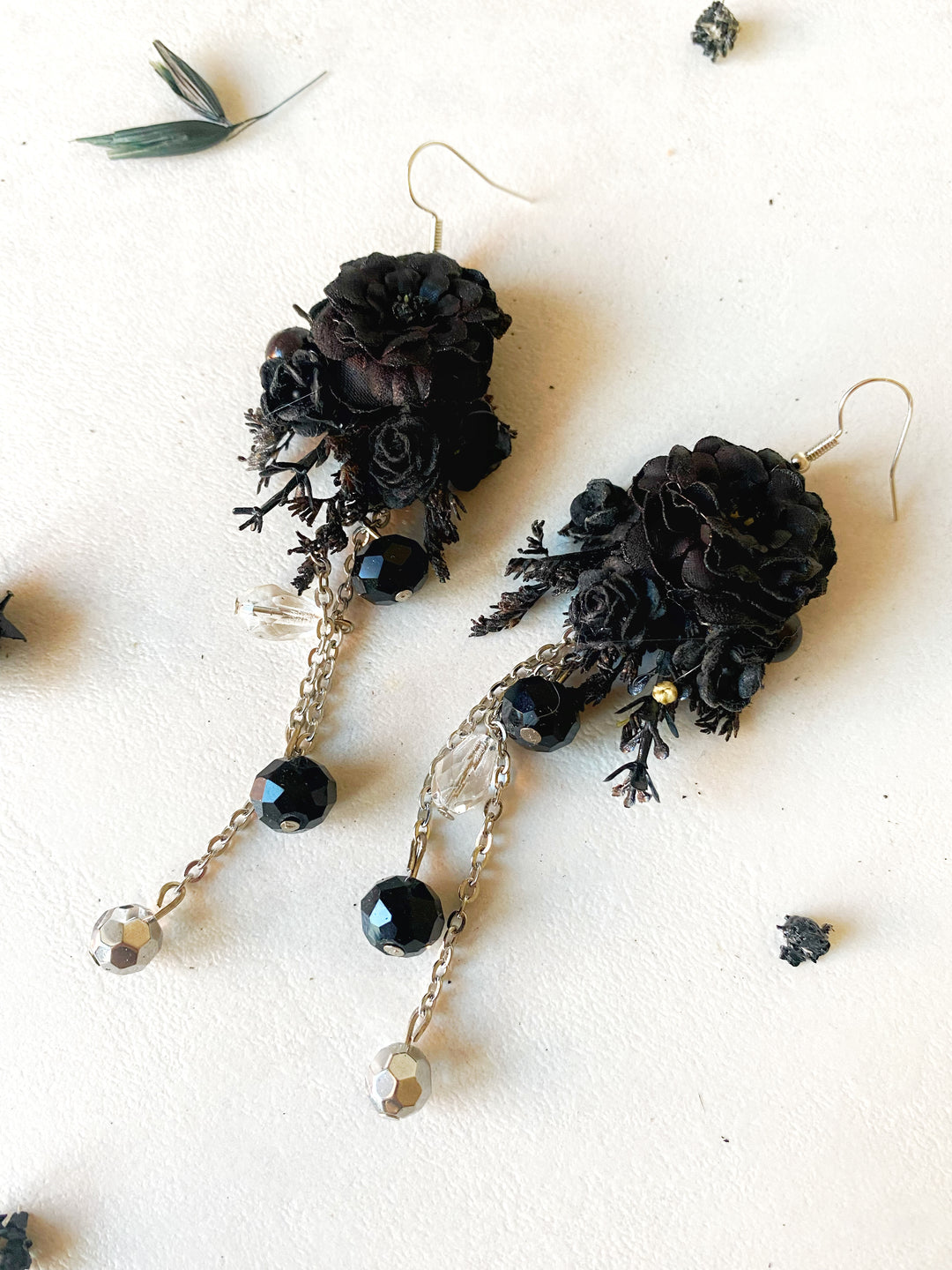 Long Black Floral Bead Earrings | Black Collection