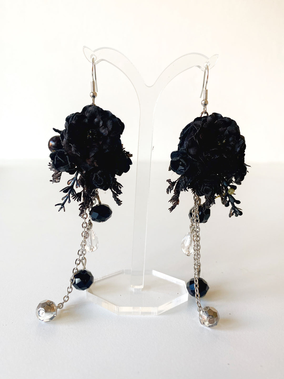 Long Black Floral Bead Earrings | Black Collection