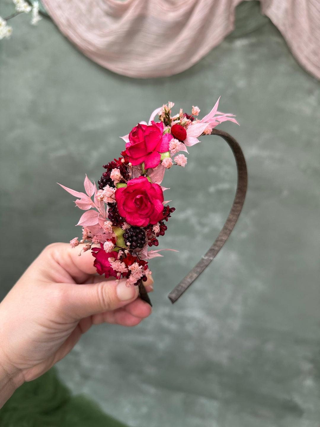 Red Rose Headband with Berries: Romantic Hair Accessory – handmade floral hair accessory by magaela