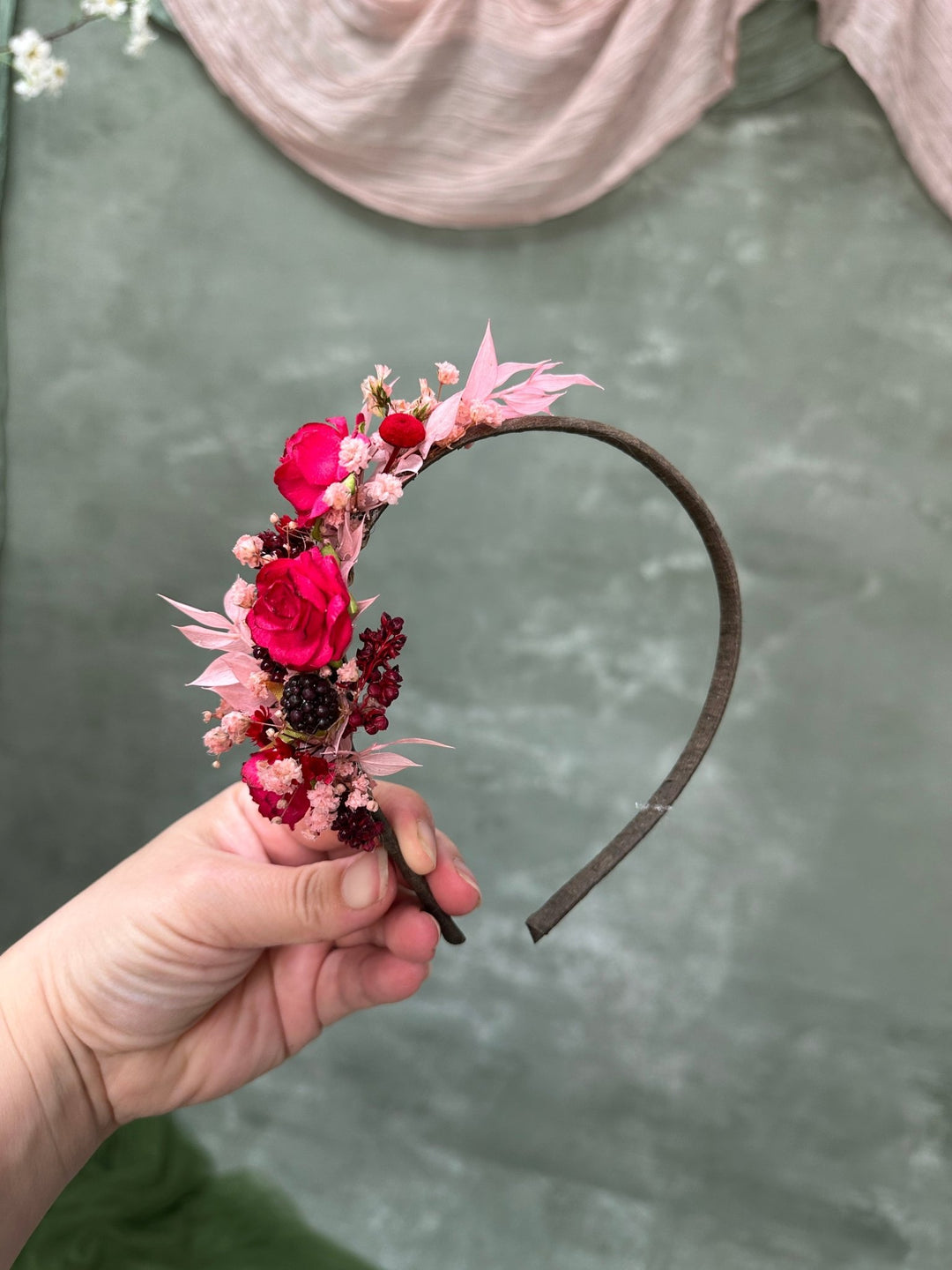 Red Rose Headband with Berries: Romantic Hair Accessory – handmade floral hair accessory by magaela