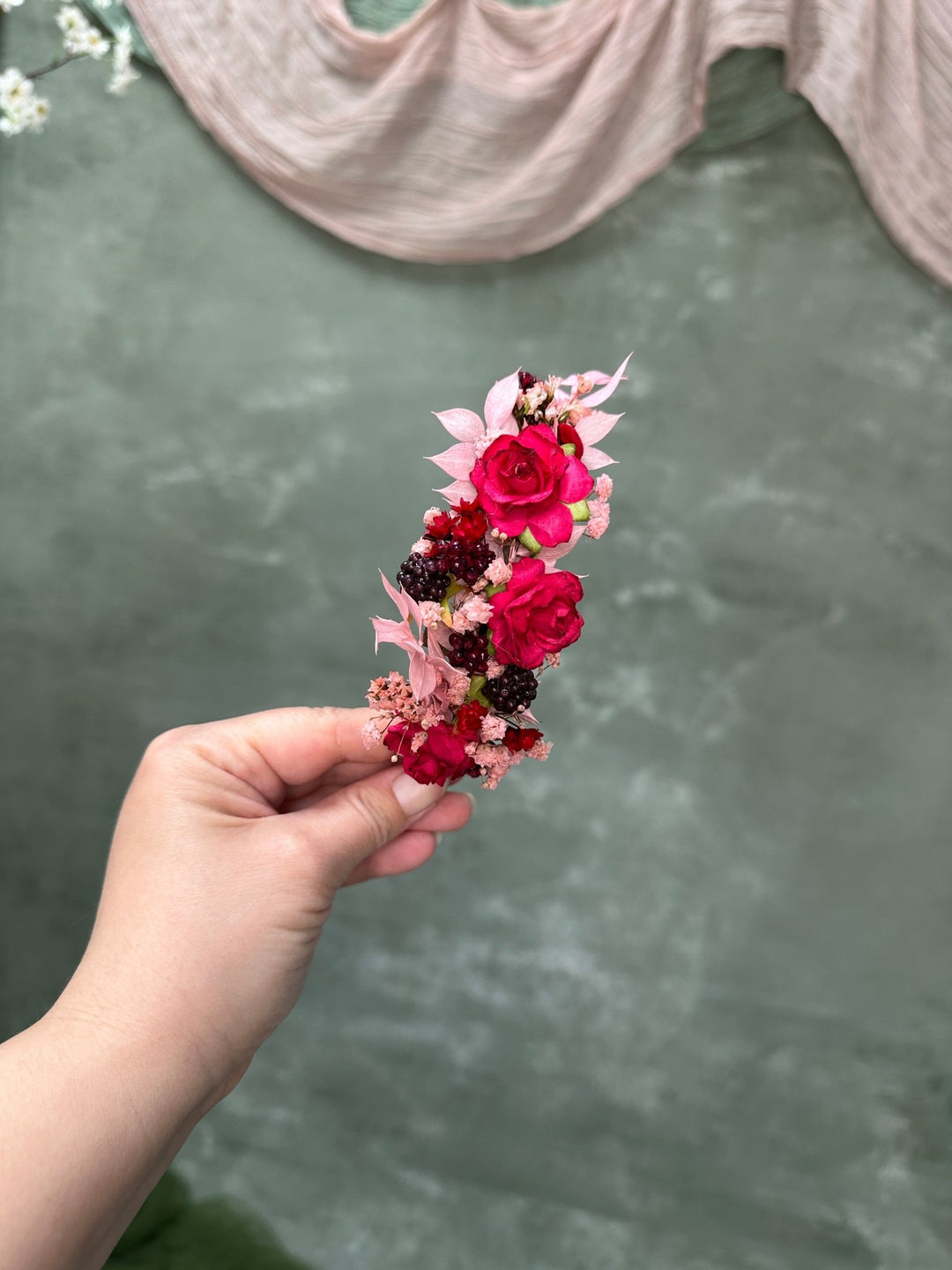 Red Rose Headband with Berries: Romantic Hair Accessory – handmade floral hair accessory by magaela
