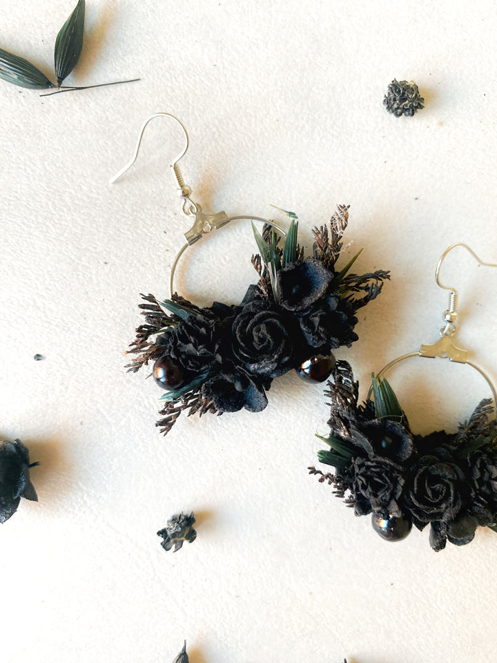 Black Floral Hoop Earrings | Black Collection - 6 cm
