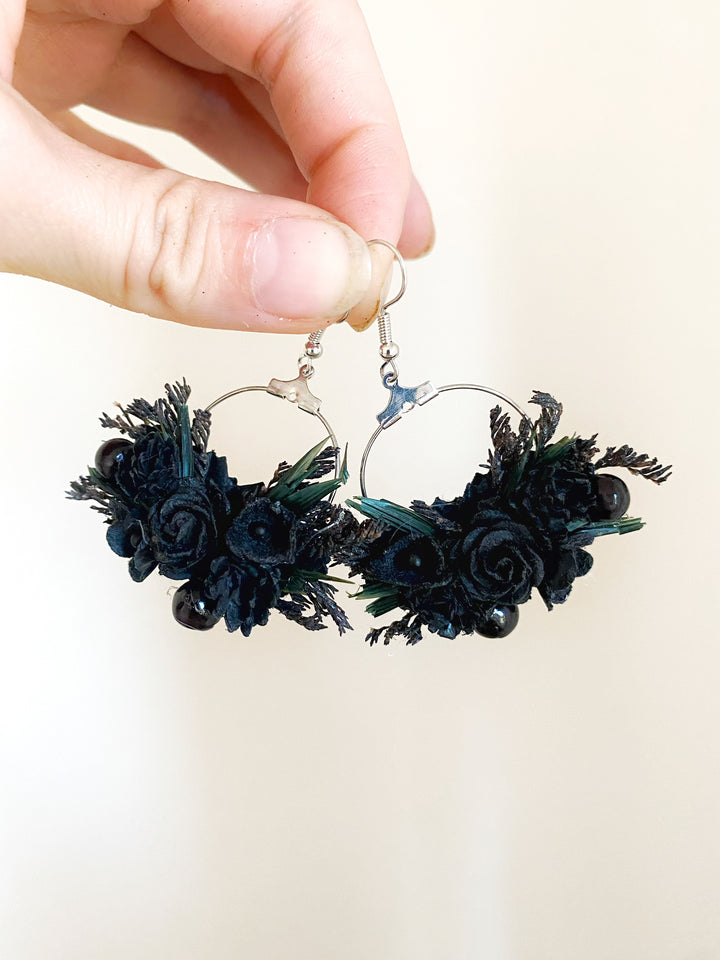 Black Floral Hoop Earrings | Black Collection - 6 cm
