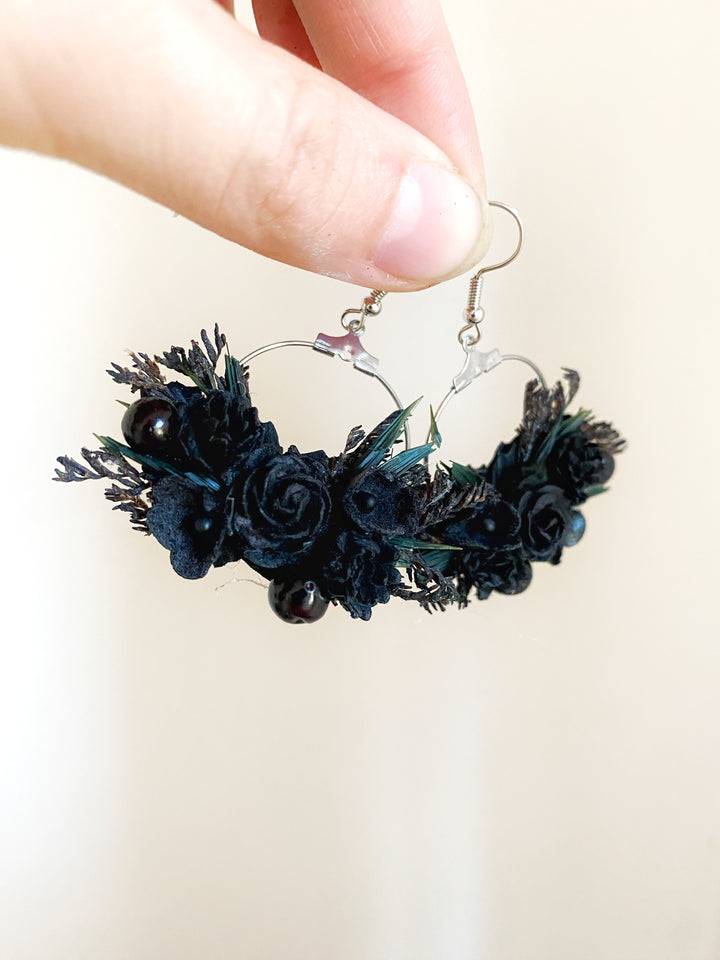 Black Floral Hoop Earrings | Black Collection - 6 cm