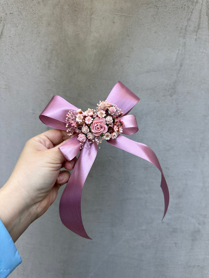 Floral Satin Bow in Dusty Pink with Roses and Dried Flowers