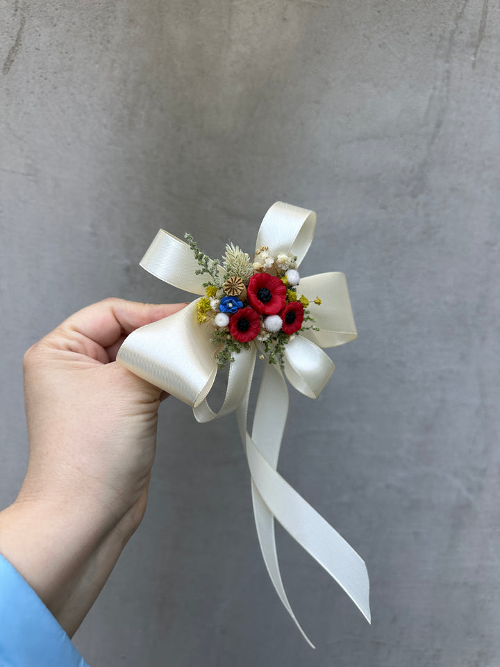 Satin Hair Bow with Poppies and Dried Flowers - Cream Floral Hair Accessory