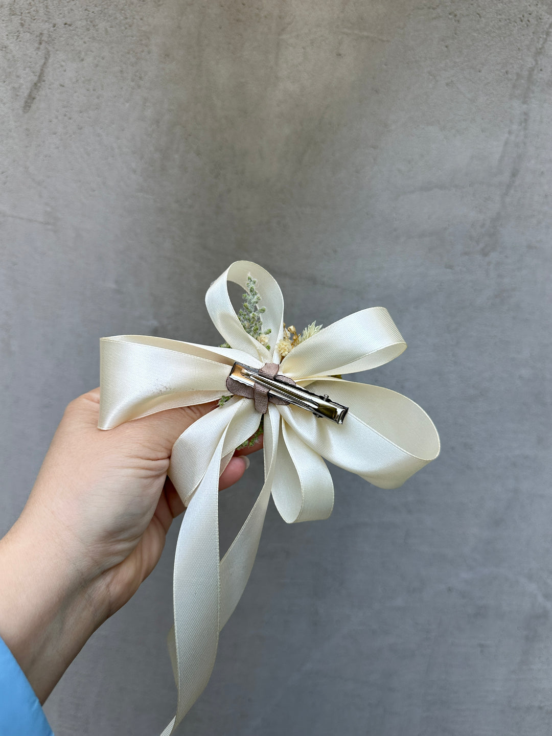 Satin Hair Bow with Poppies and Dried Flowers - Cream Floral Hair Accessory