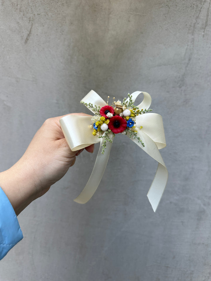 Satin Hair Bow with Poppies and Dried Flowers - Cream Floral Hair Accessory