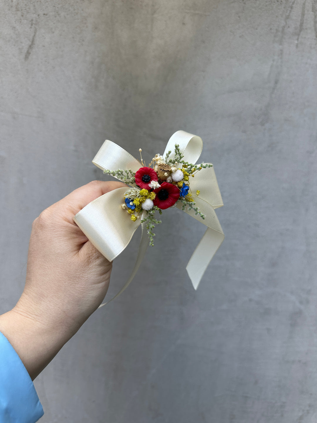 Satin Hair Bow with Poppies and Dried Flowers - Cream Floral Hair Accessory