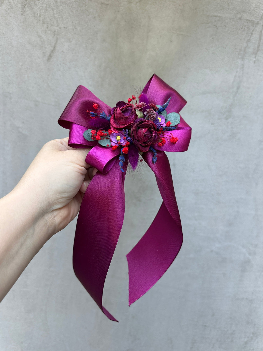 Floral Satin Bow in Magenta with Burgundy Roses and Berries