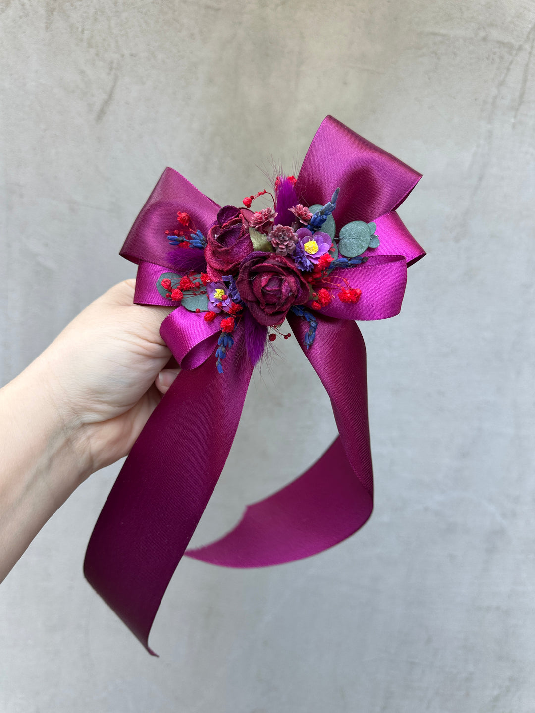Floral Satin Bow in Magenta with Burgundy Roses and Berries