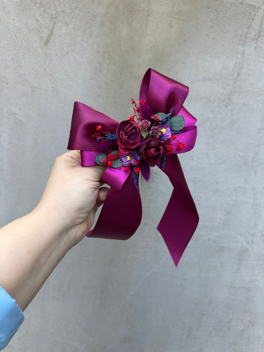 Floral Satin Bow in Magenta with Burgundy Roses and Berries
