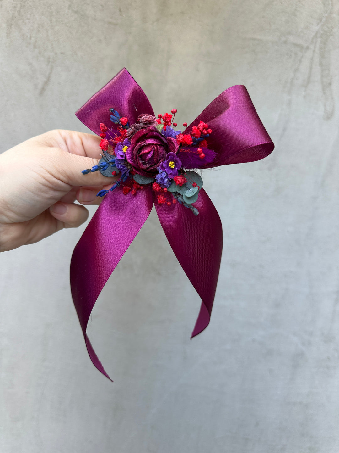 Floral Satin Bow in Magenta with Burgundy Roses and Berries