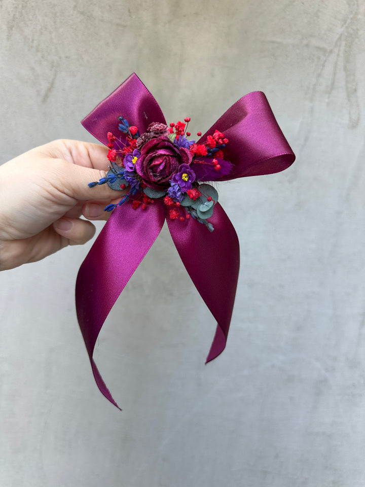 Floral Satin Bow in Magenta with Burgundy Roses and Berries