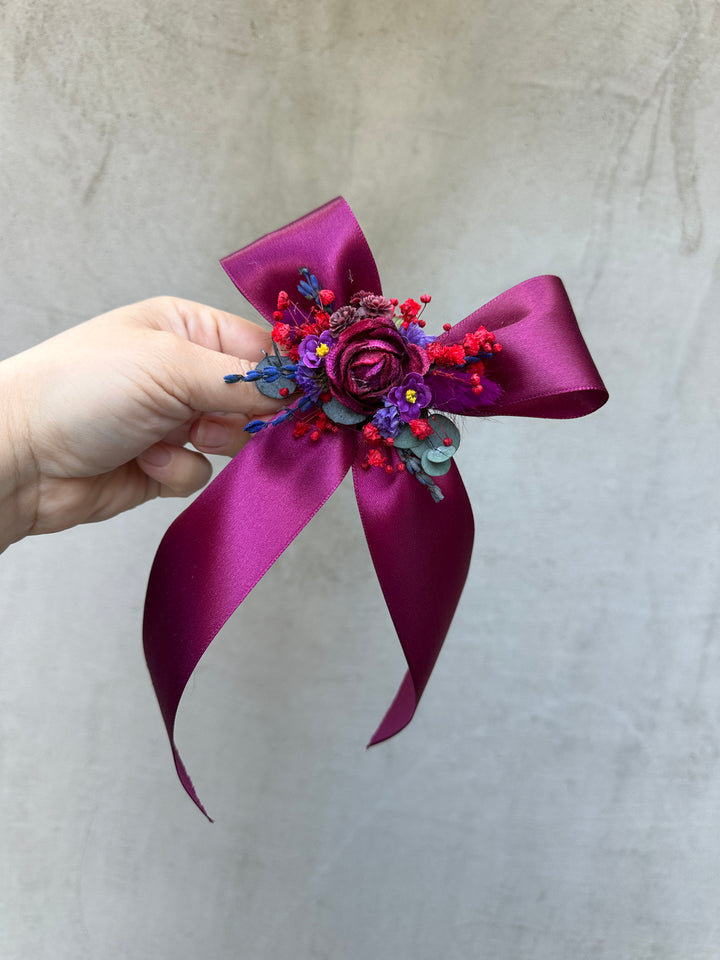 Floral Satin Bow in Magenta with Burgundy Roses and Berries