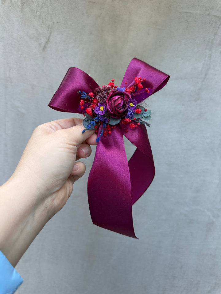 Floral Satin Bow in Magenta with Burgundy Roses and Berries