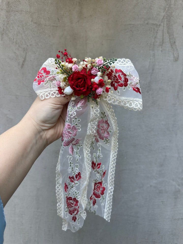 Bridal Lace Bow with Red Roses and Dried Flowers - Hair and Outfit Accessory