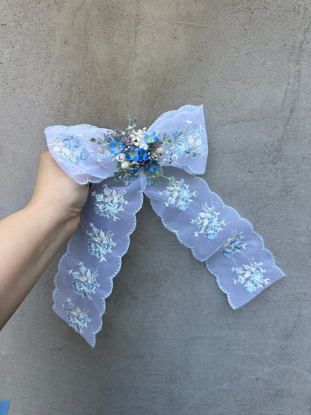 Lace Bow with Forget-Me-Nots and Dried Flowers - Blue Floral Hair and Outfit Accessory