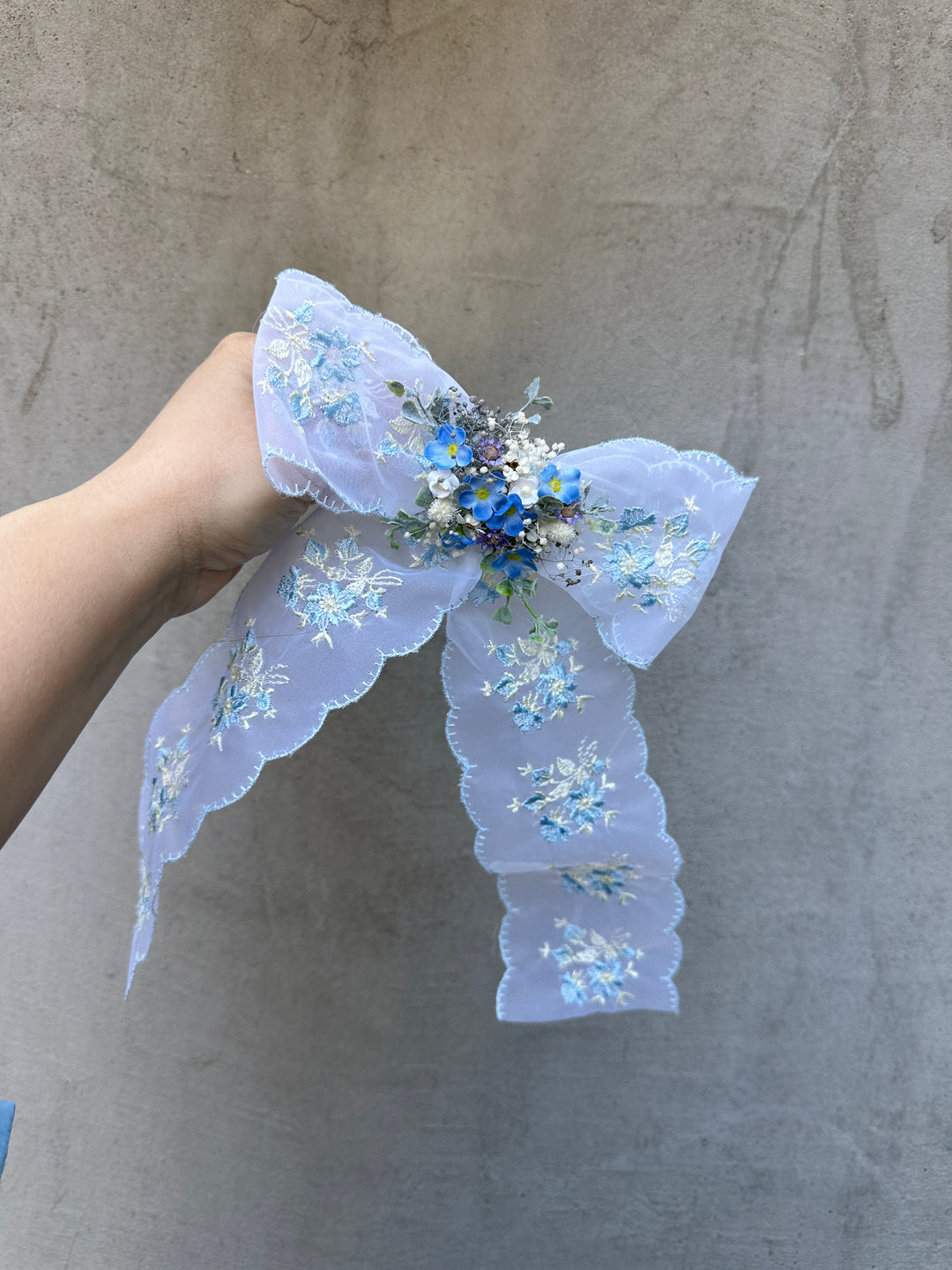 Lace Bow with Forget-Me-Nots and Dried Flowers - Blue Floral Hair and Outfit Accessory
