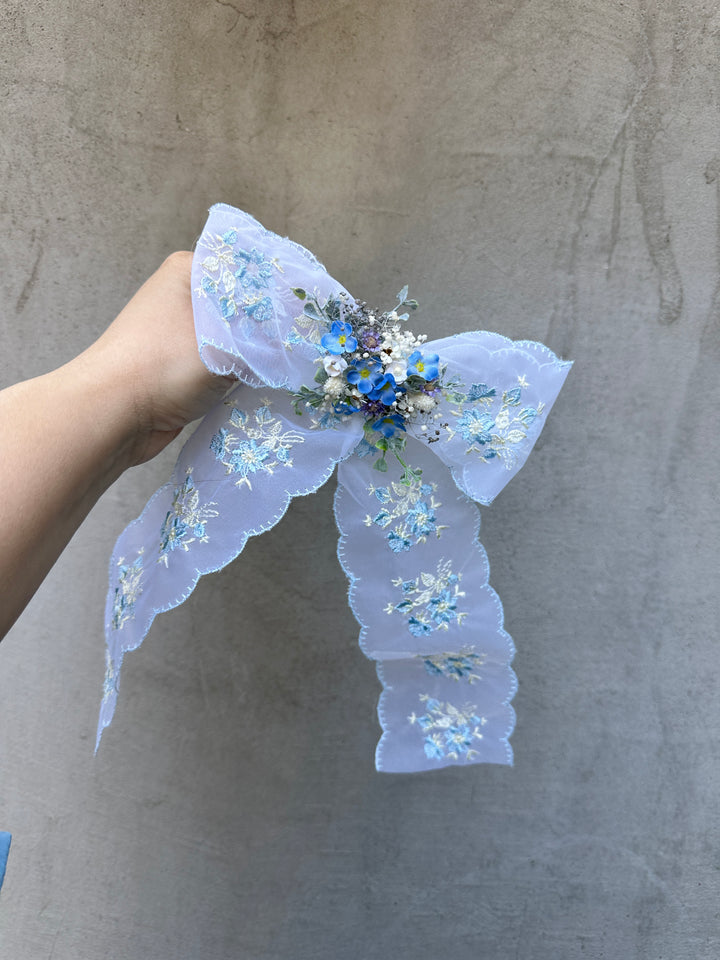 Lace Bow with Forget-Me-Nots and Dried Flowers - Blue Floral Hair and Outfit Accessory