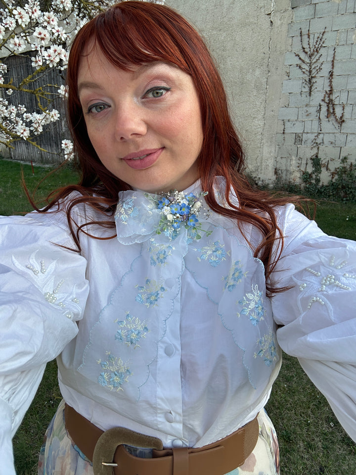 Lace Bow with Forget-Me-Nots and Dried Flowers - Blue Floral Hair and Outfit Accessory