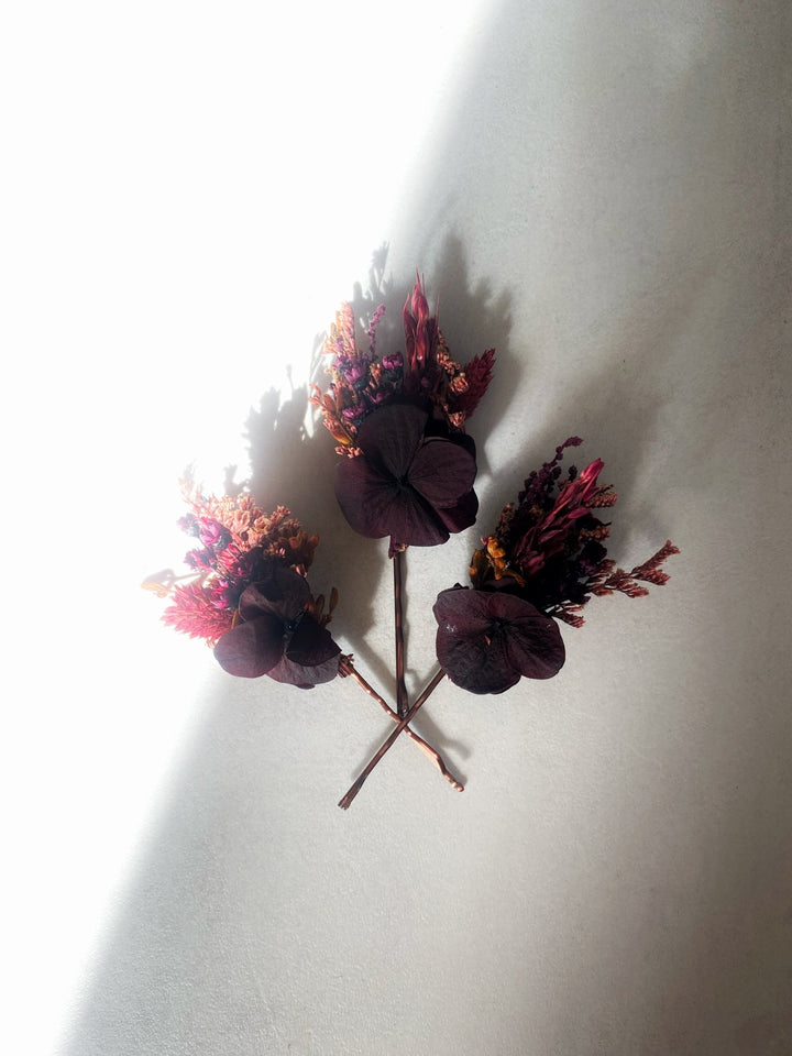 Burgundy Hydrangea Hair Pins | Bridal Hair Accessories – handmade floral hair accessory by magaela