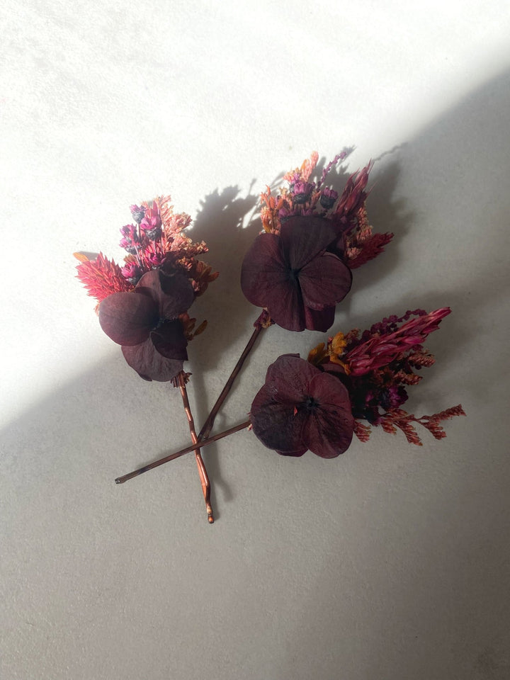 Burgundy Hydrangea Hair Pins | Bridal Hair Accessories – handmade floral hair accessory by magaela
