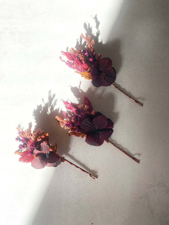 Burgundy Hydrangea Hair Pins | Bridal Hair Accessories – handmade floral hair accessory by magaela