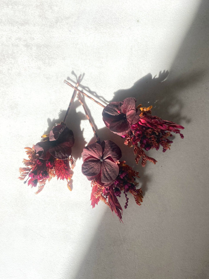 Burgundy Hydrangea Hair Pins | Bridal Hair Accessories – handmade floral hair accessory by magaela