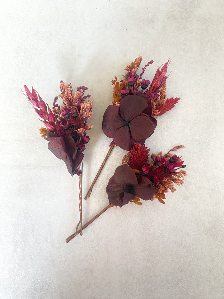 Burgundy Hydrangea Hair Pins | Bridal Hair Accessories – handmade floral hair accessory by magaela