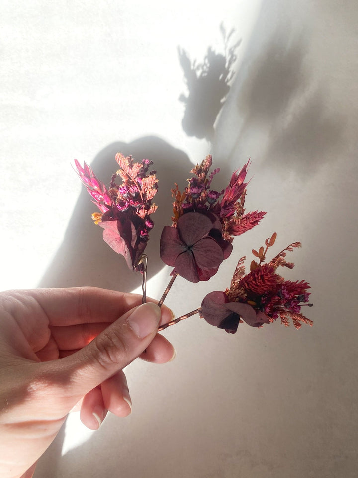 Burgundy Hydrangea Hair Pins | Bridal Hair Accessories – handmade floral hair accessory by magaela