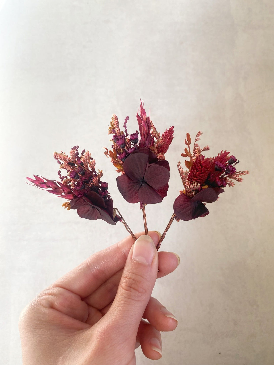 Burgundy Hydrangea Hair Pins | Bridal Hair Accessories – handmade floral hair accessory by magaela