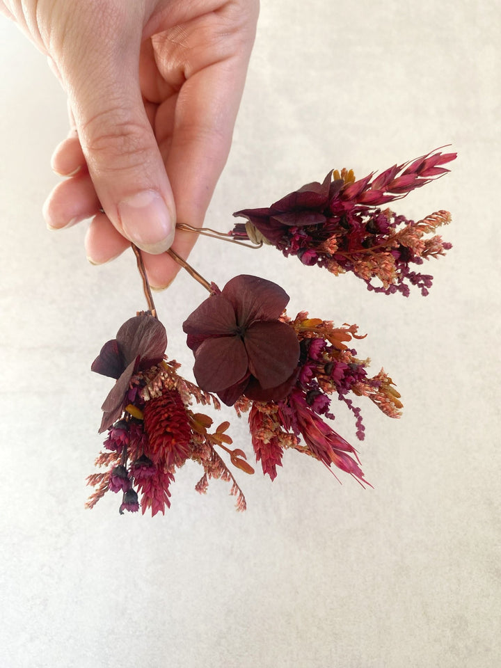 Burgundy Hydrangea Hair Pins | Bridal Hair Accessories – handmade floral hair accessory by magaela