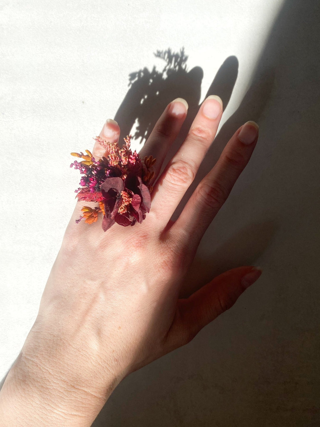 Burgundy Hydrangea Flower Ring | Adjustable Natural Bridal Ring – handmade floral hair accessory by magaela