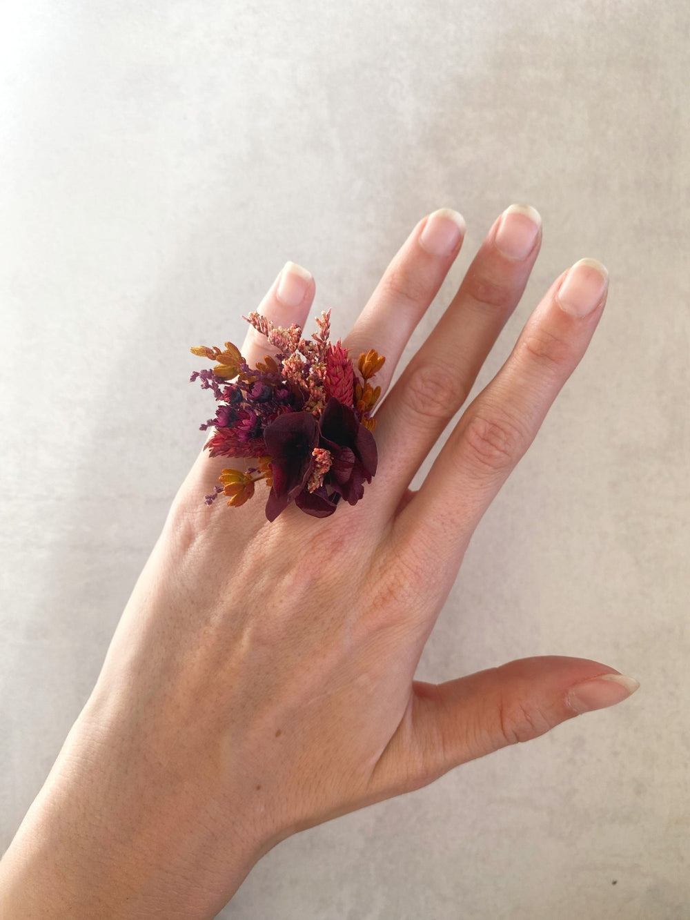 Burgundy Hydrangea Flower Ring | Adjustable Natural Bridal Ring – handmade floral hair accessory by magaela
