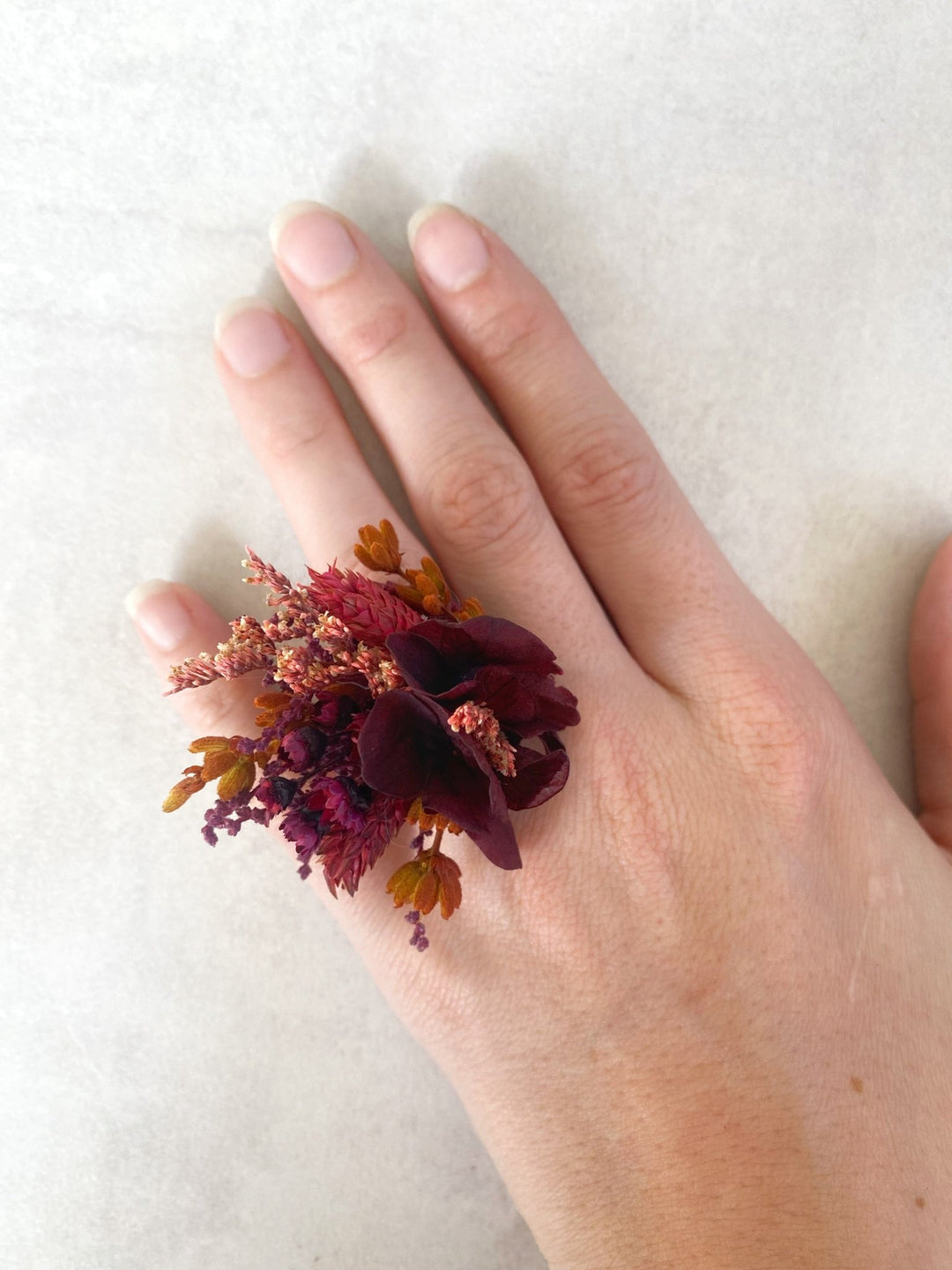 Burgundy Hydrangea Flower Ring | Adjustable Natural Bridal Ring – handmade floral hair accessory by magaela