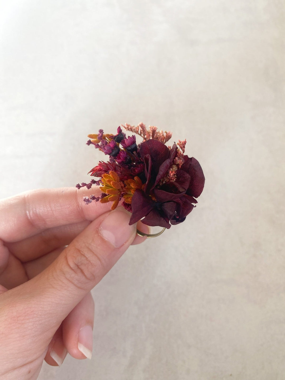 Burgundy Hydrangea Flower Ring | Adjustable Natural Bridal Ring – handmade floral hair accessory by magaela
